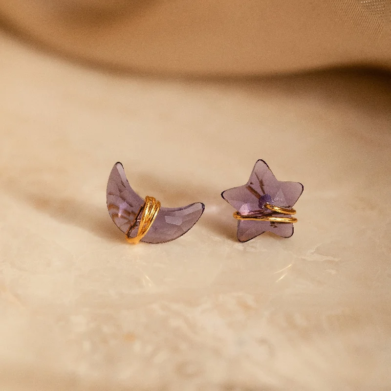 Simple Crystal Stud Earrings-Amethyst Moon & Star Studs