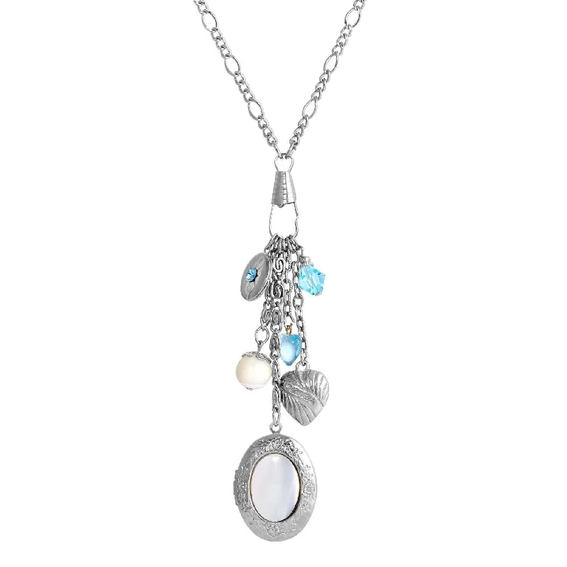 Ruby Necklaces-1928 Jewelry Aquamarine Crystal Mother Of Pearl Charms And Locket Necklace 30"