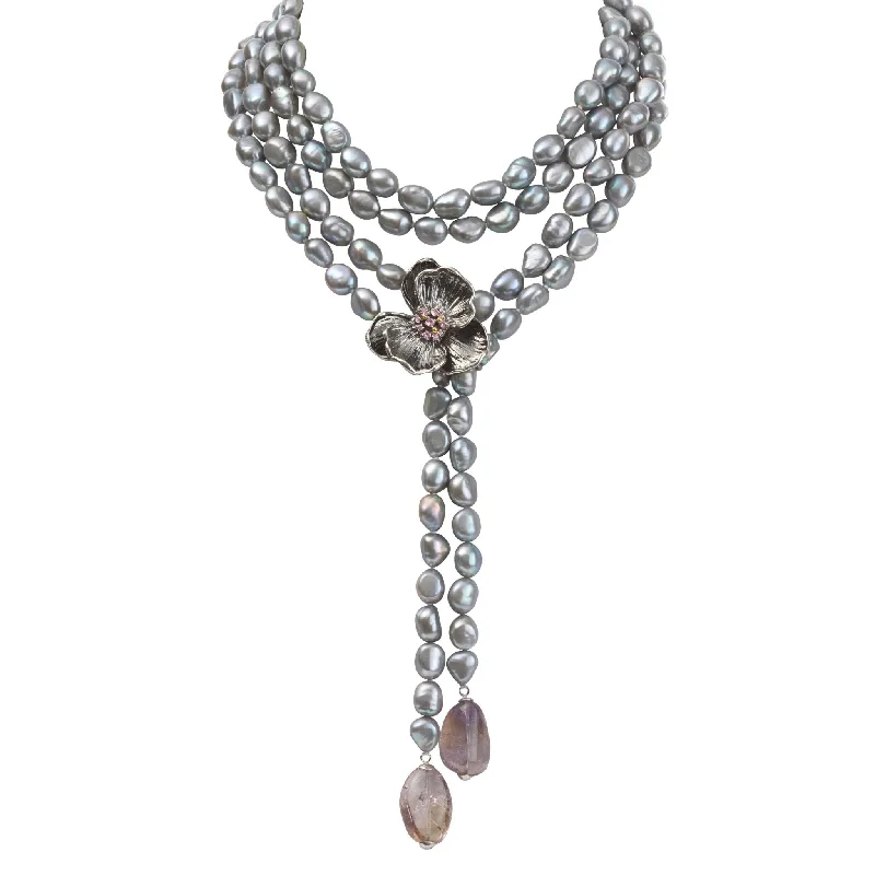 Long Necklaces-Orchid Lariat Necklace with Pearls, Ametrine and Pink Sapphire