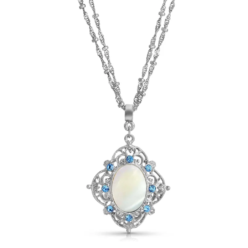 Sapphire Necklaces-1928 Jewelry Aquamarine Crystal Mother Of Pearl Filigree Pendant Necklace 16" + 3" Extender