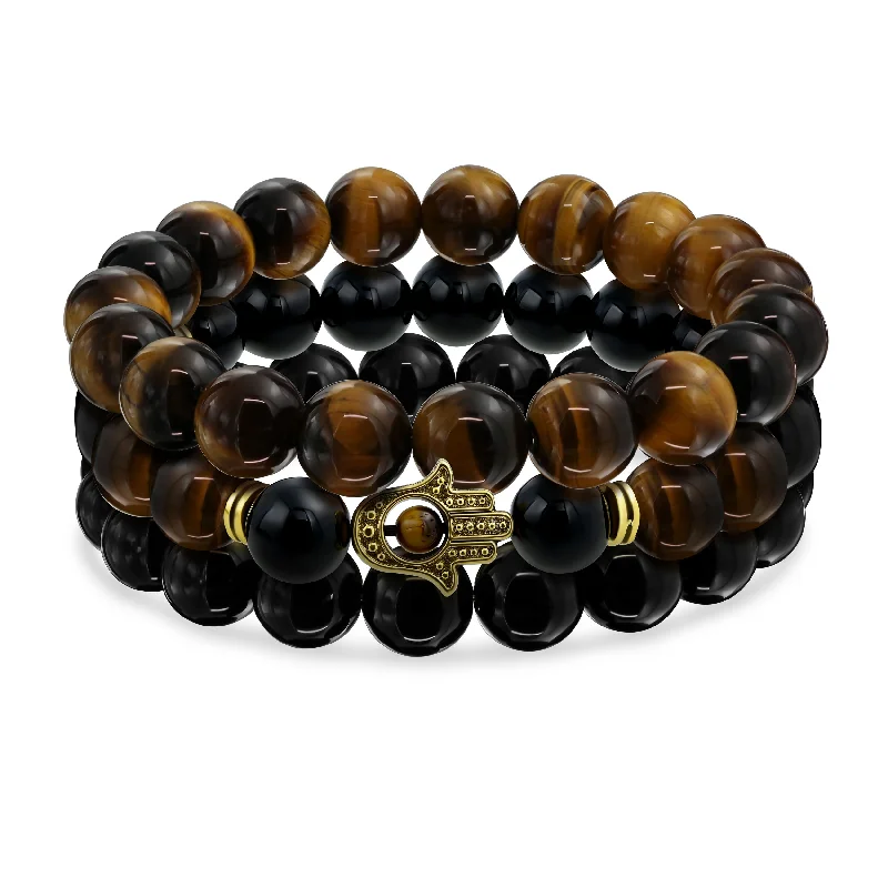 Custom Beaded Bracelets with Name Engraving-Set of 3 Tiger Eye & Onyx Bead Stretch Bracelet with Hamsa Hand - Gold Plated