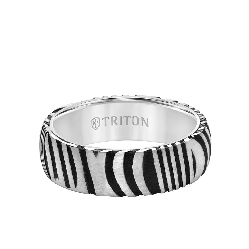 Elegant Diamond Rings-7MM White Tungsten Carbide Ring with Damascus Steel