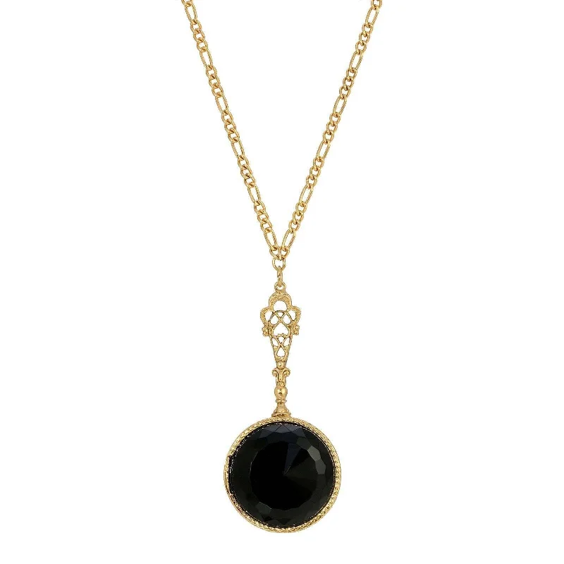 Vintage Necklaces-1928 Jewelry Deco Black Faceted Stone Pendant Necklace 28"