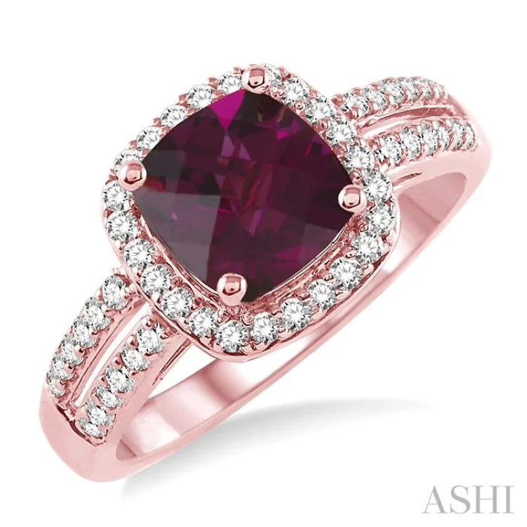 Designer Wedding Rings with Custom Engraving-7x7 mm Cushion Cut Rhodolite Garnet and 1/3 Ctw Round Cut Diamond Ring in 14K Rose Gold