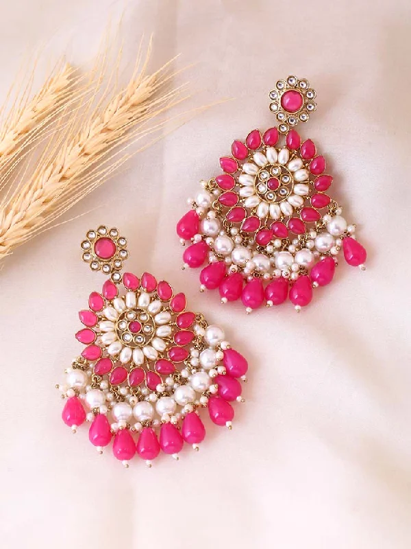 Simple Drop Gemstone Earrings-Pink Triguna Chaandbalis