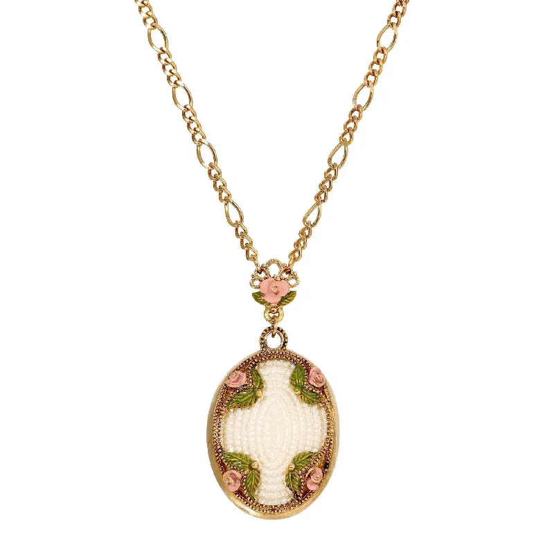 Bohemian Necklaces-1928 Jewelry Pearly Eden Pink Rose Enamel Faux Pearl Embossed Pendant Figaro Chain Necklace 30"L