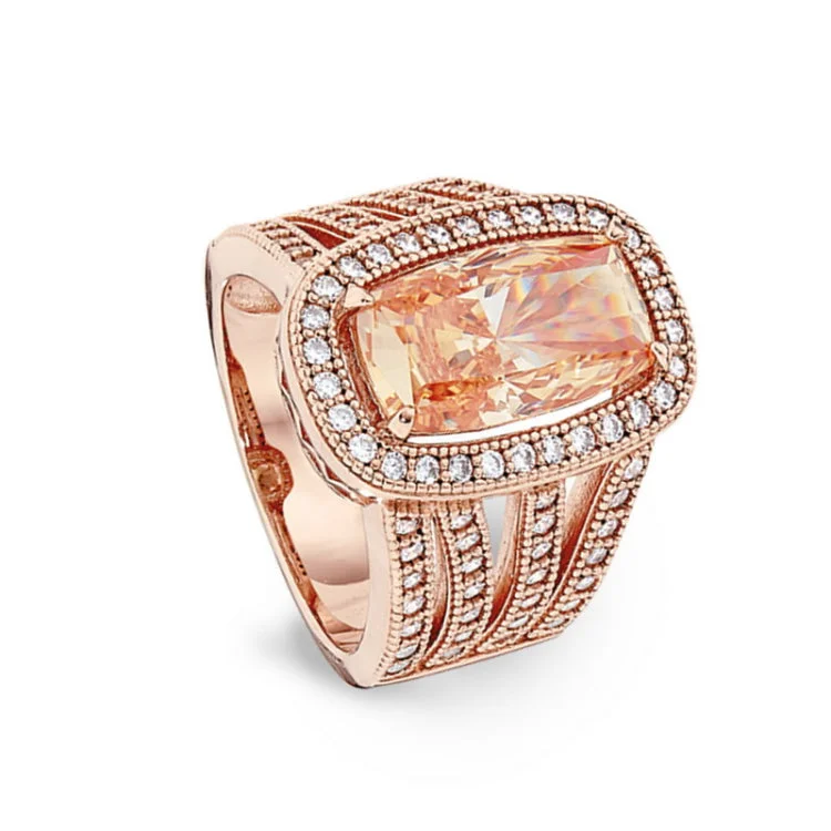 Unique Wedding Ring Sets-Rose Gold Finish Sterling Silver Micropave Ring with Light Champagne Colored Stone and Simulated Diamonds