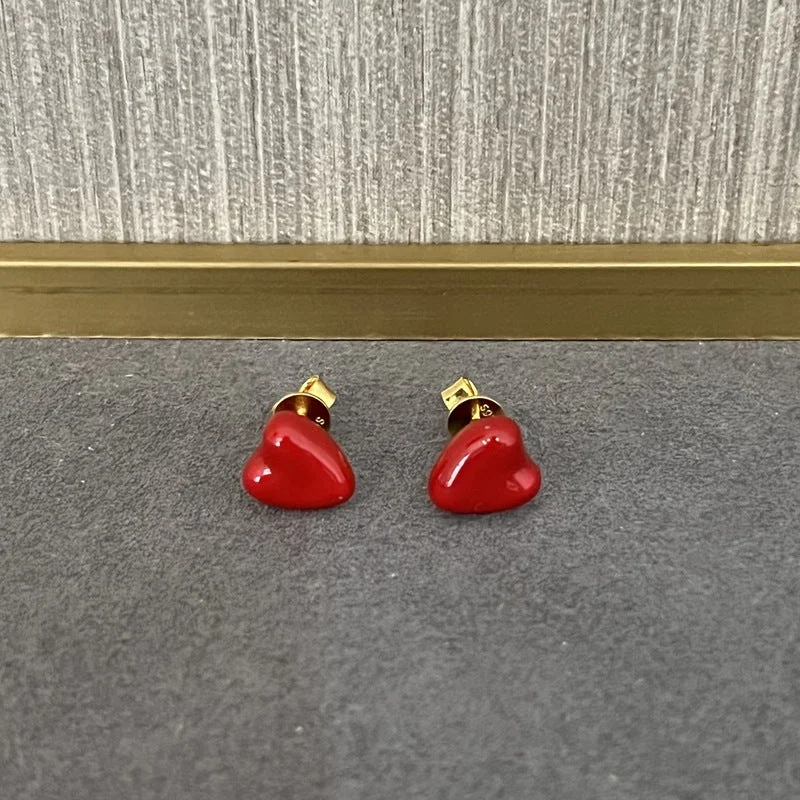 Modern Crystal Drop Earrings-Enamel Red Heart Stud Earrings