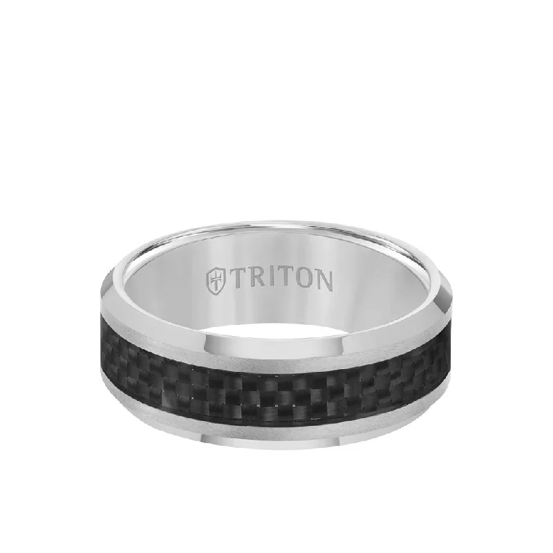 Wedding Rings with Custom Settings-8MM Ring - Black Carbon Fiber Center and Bevel Edge