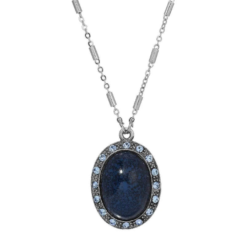 Wedding Bridal Necklaces-1928 Jewelry Oval Lapis Blue Stone & Light Sapphire Crystal Pendant Necklace 16" + 3" Extension