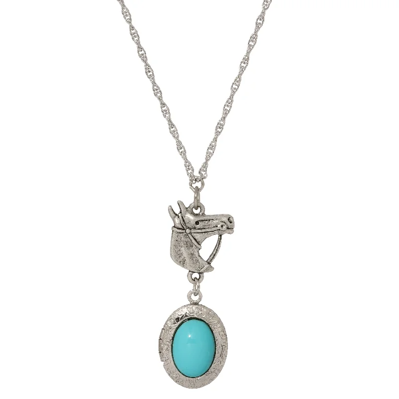 Simple Gold Necklaces-1928 Jewelry Equestrian Charm Horsehead Pendant & Turquoise Stone Locket Necklace 24"