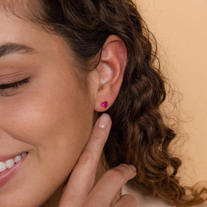 Trendy Silver Earrings-Ruby Heart Studs