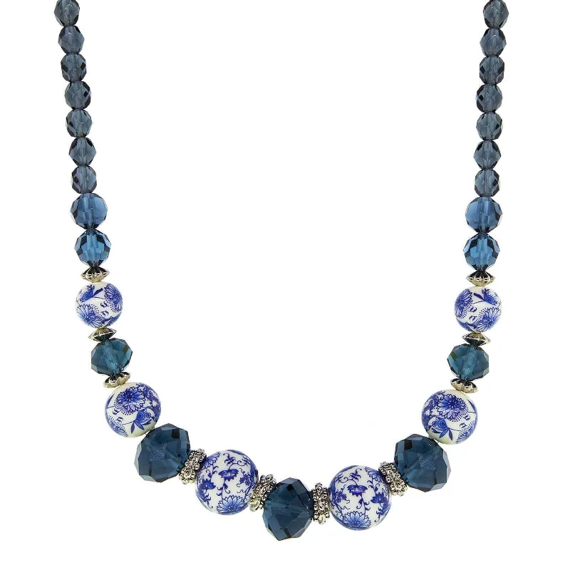 Bohemian Necklaces-1928 Jewelry Blue Willow Dark Blue And Beaded Necklace 15.5" + 3" Extension