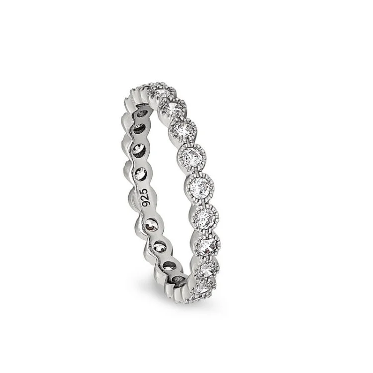 Designer Engagement Bands-Platinum Finish Sterling Silver Beaded Bezel Ring with Simulated Diamonds