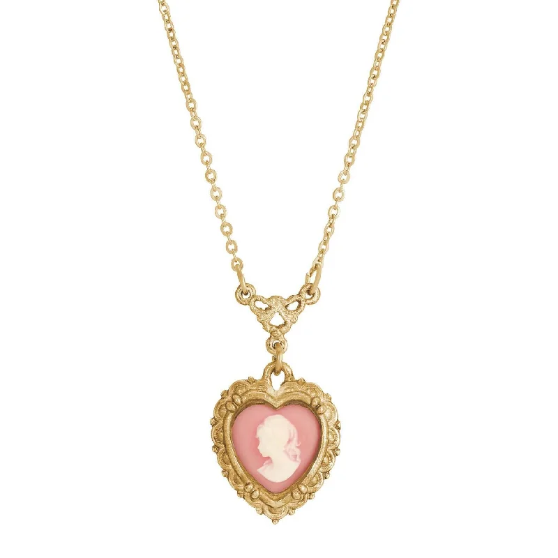 Custom Made Necklaces-1928 Jewelry Pink Heart Cameo Pendant Necklace 16" + 3" Extender