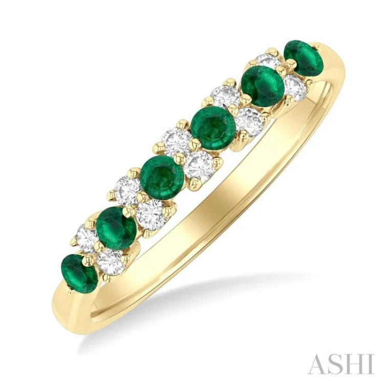 Matching Promise Rings Sets-2.3 MM Emerald and 1/5 ctw Round Cut Diamond Precious Band in 14K Yellow Gold