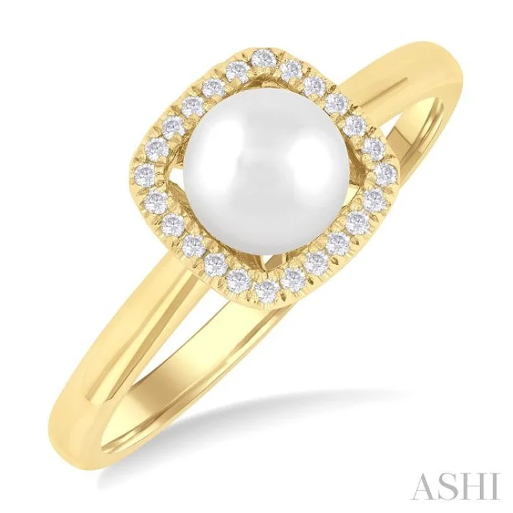 Fashionable Wedding Rings-6 MM Cushion-Shaped Cultured Pearl and 1/10 ctw Petite Round Cut Diamond Halo Ring in 10K Yellow Gold