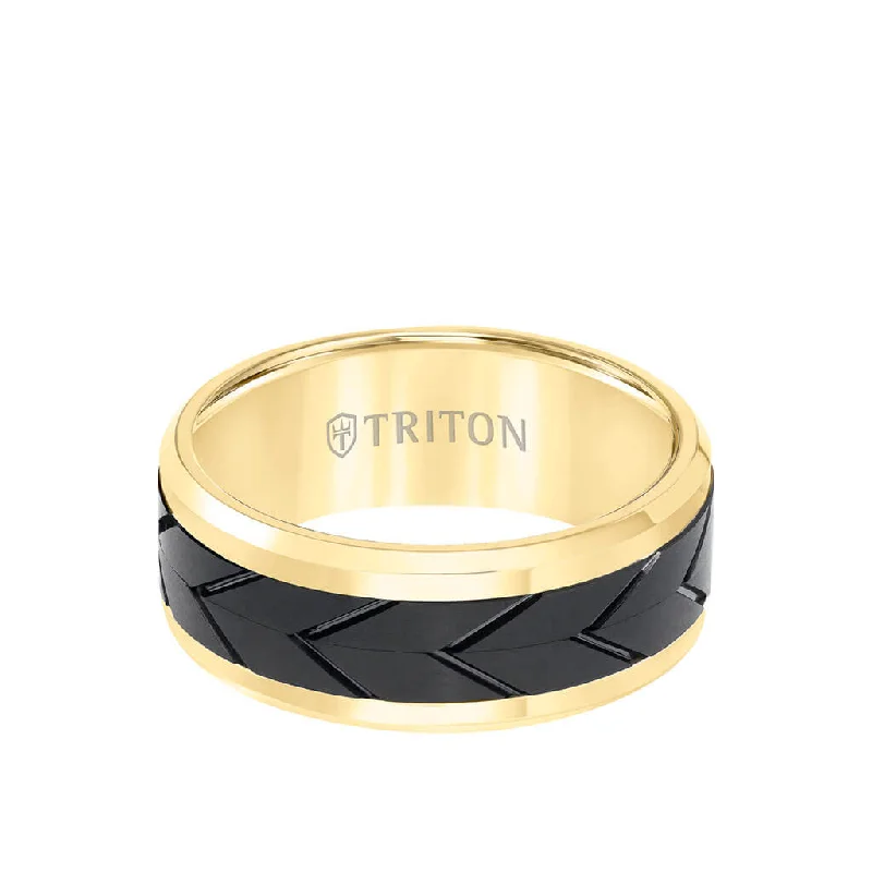 Fashionable Engagement Ring Designs-8MM Tungsten Carbide Ring - Black Tire Tread Center and Bevel Edge