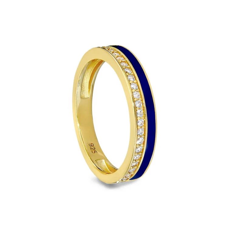 Vintage Diamond Engagement Ring Sets-Gold Vermeil Sterling Silver Micropave Ring with with Navy Enamel and Simulated Diamondss