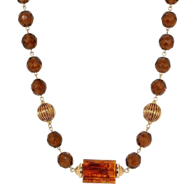 Art Deco Necklaces-1928 Jewelry Glass Smoke Topaz Corrugated Bead & Tortoise Bead Necklace 17" + 3" Extender