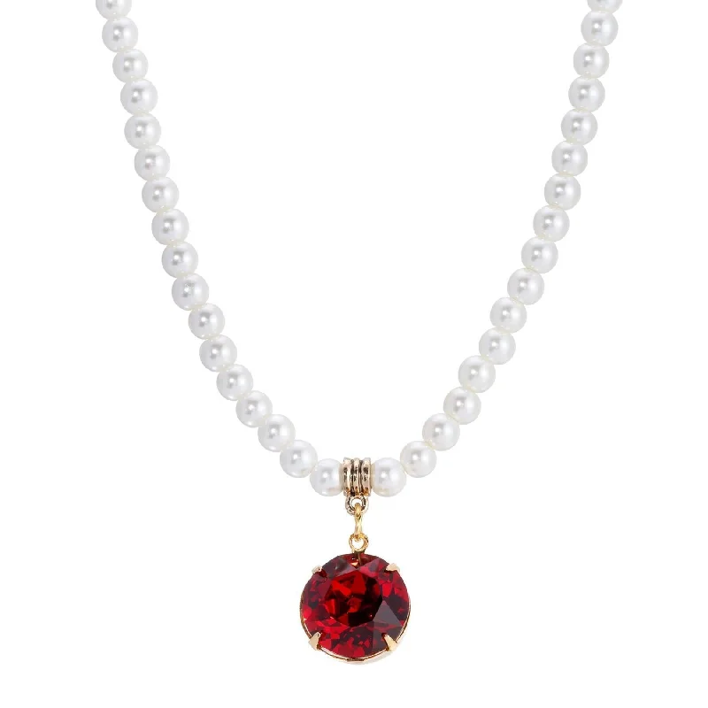 Simple Necklaces-1928 Jewelry Faux Pearl Strand Siam Red Euro Crystal Pendant Necklace 15" + 3"