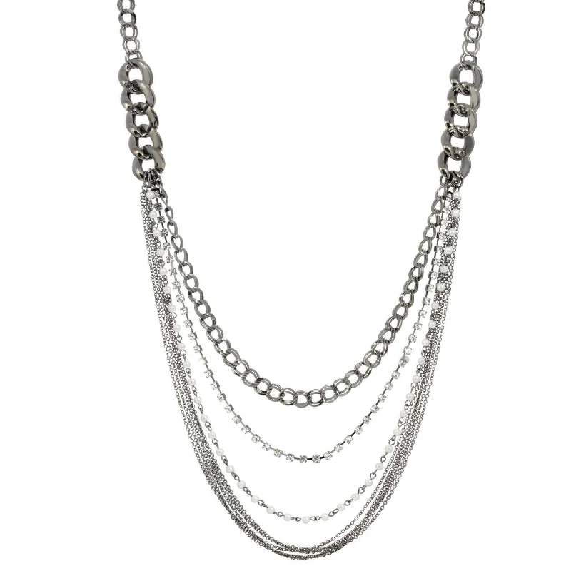 Artistic Necklaces-1928 Jewelry Crystal And Faux Pearl Black Multi Chain Link Necklace 32"