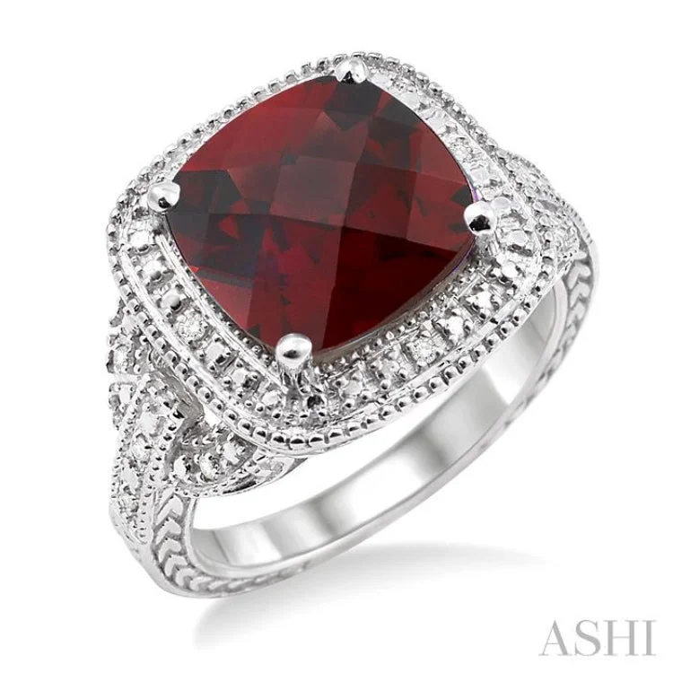 Gemstone Wedding Rings for Women-10x10mm Cushion Cut Garnet and 1/20 Ctw Single Cut Diamond Ring in Sterling Silver