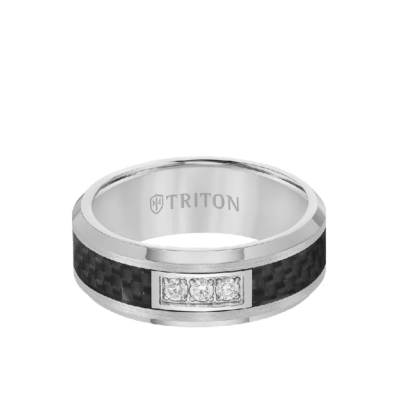 Vintage Promise Rings for Women-8MM 3 Stone Diamond Black Carbon Fiber Ring with Bevel Edge