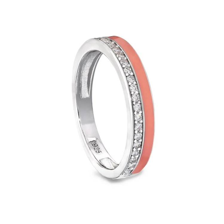 Customizable Wedding Ring Sets-Platinum Finish Sterling Silver Micropave Ring with with Coral Enamel and Simulated Diamondss