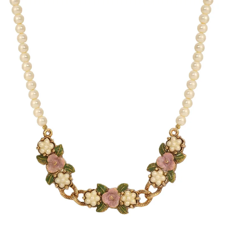 Silk Thread Necklaces-1928 Jewelry Pearly Eden Pink Rose Enamel Faux Pearl Strand Necklace 17" + 3" Extender