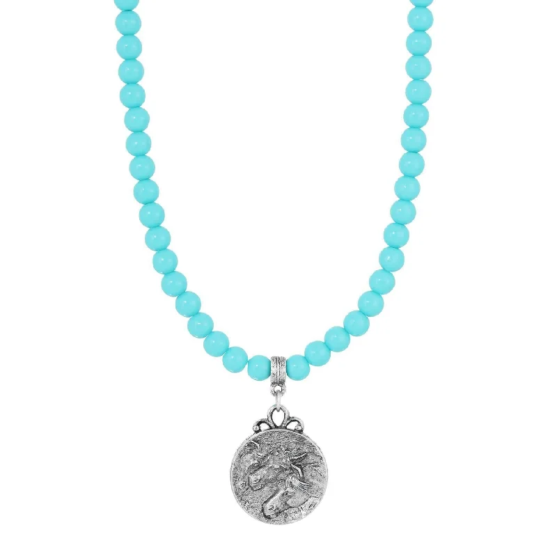 Classy Necklaces-1928 Jewelry Turquoise Beaded Strand Horse Pendant Necklace 15" + 3" Extender