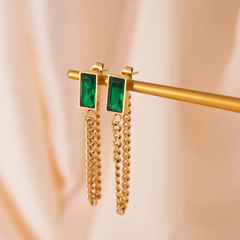 Stylish Pearl Drop Earrings-Gold Chain Emerald Stud Earrings