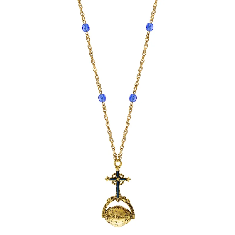 Unique Pendant Necklaces-Symbols Of Faith Sapphire Blue Crystal Hail Mary Spinner Pendant Necklace 30"