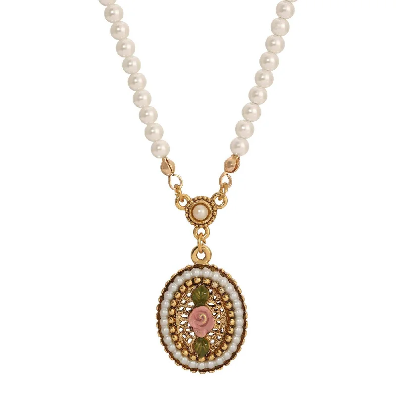 Custom Birthstone Necklaces-1928 Jewelry Pearly Eden 4mm Faux Pearl Strand Pink Rose Enamel Pendant Necklace 14" + 3" Extender