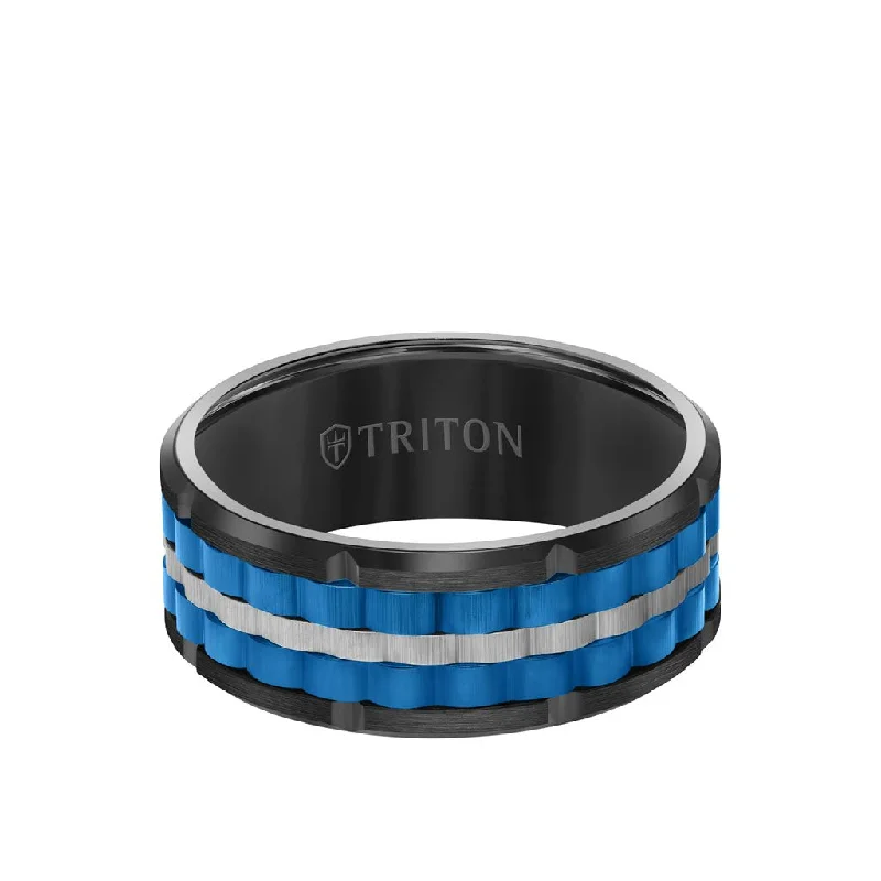 Affordable Custom Wedding Bands-9MM Tungsten Carbide Ring - Basketweave Center & Bevel Edge