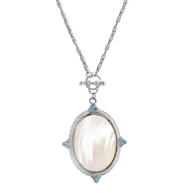 Vintage Gold Necklaces-1928 Jewelry Aquamarine Crystal Mother Of Pearl Oval Pendant Toggle Necklace 30"