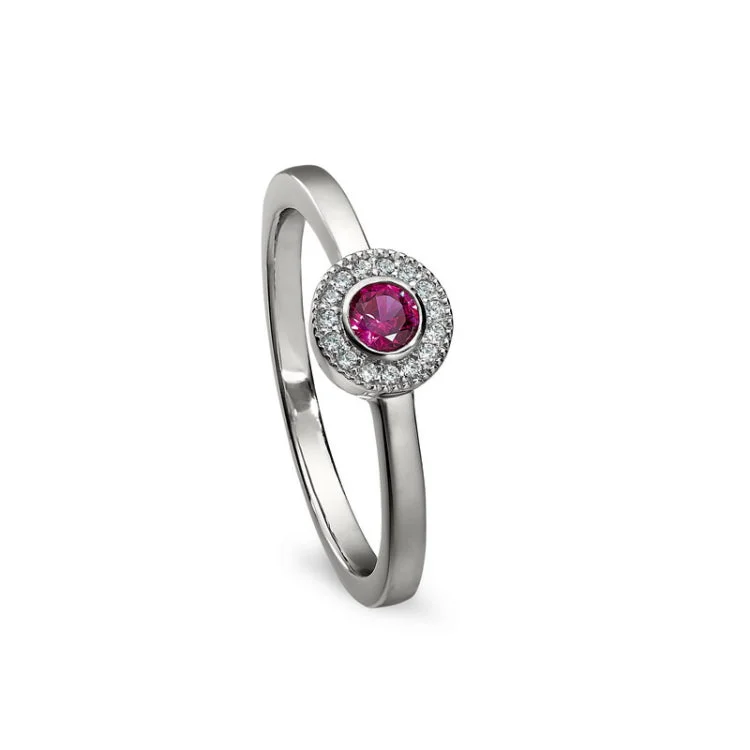 Simple Diamond Promise Rings-Platinum Finish Sterling Silver Micropave Round Simulated Ruby Ring with Simulated Diamonds Size 4