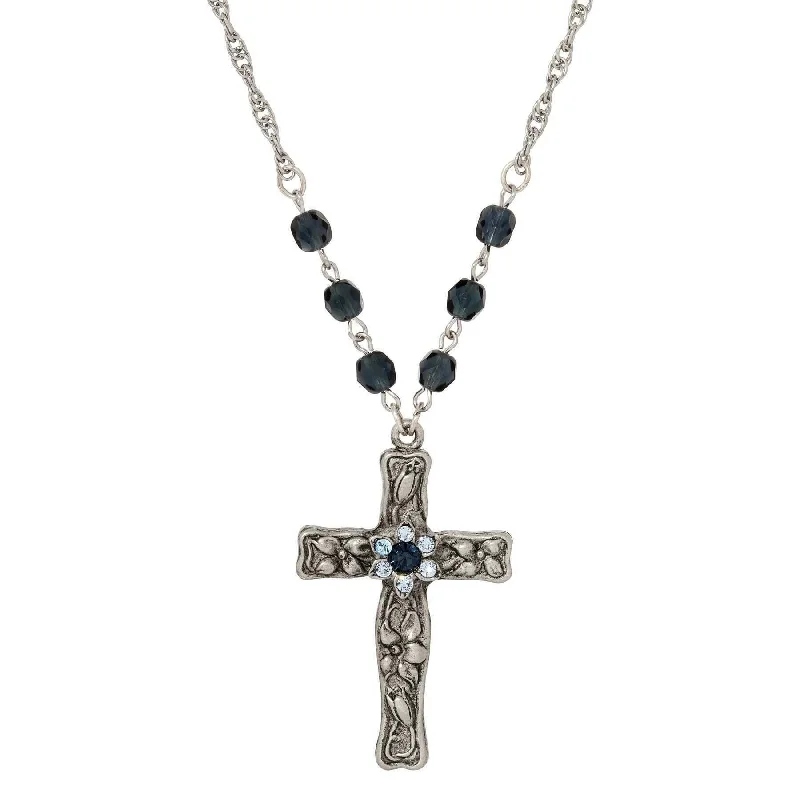 Zodiac Sign Necklaces-Symbols Of Faith Floral Blue Crystal Cross Pendant Necklace 28"L