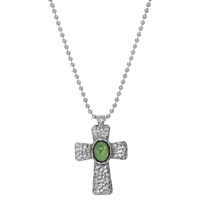 Quote Necklaces-Symbols Of Faith Antiqued Hammered Metal Cross With Oval Gemstone Pendant Necklace 22"