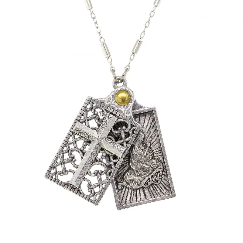 Bridal Necklaces-Symbols Of Faith Rectangular Cross and Angel Slide Locket Necklace 28"