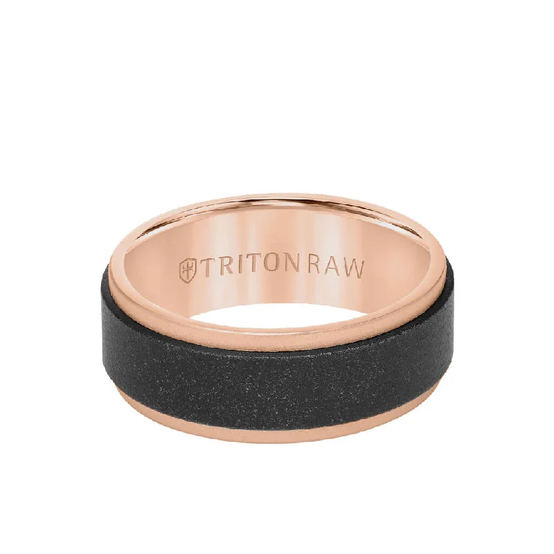 Fashionable Engagement Rings with Birthstones-8MM Tungsten RAW Black DLC + 14K Rose Gold Ring - Flat Profile and Step Edge