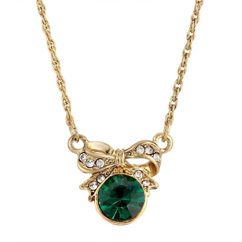 Wedding Pendant Necklaces-1928 Jewelry Edwardian Petite Bow & Emerald Green Crystal Pendant Necklace 16" + 3" Extender