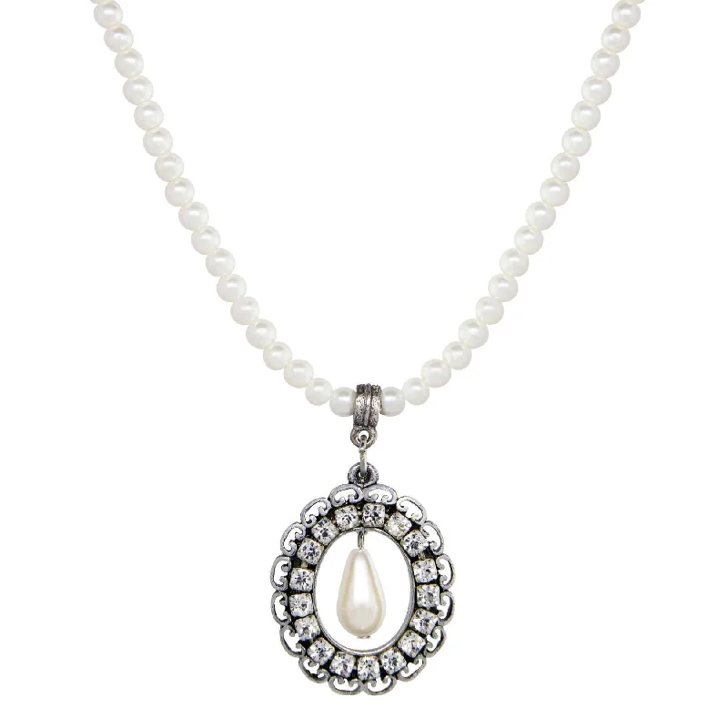 Custom Necklaces-1928 Jewelry Oval Crystal Teardrop Pendant Faux Pearl Strand Necklace 15" + 3" Extension