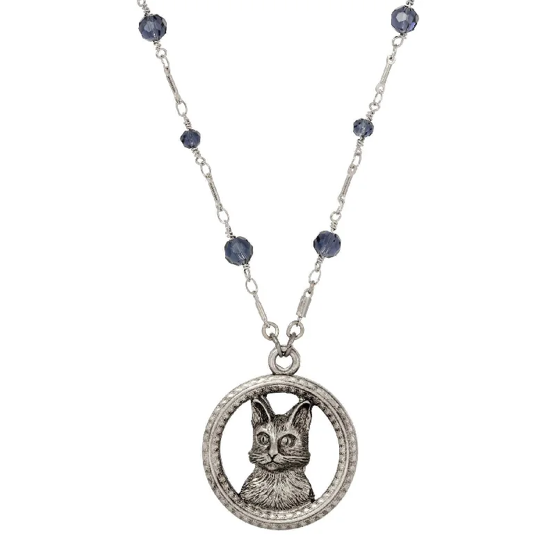 Romantic Necklaces-1928 Jewelry Montana Blue Crystal Floral Adorned Cat Pendant Necklace 28"