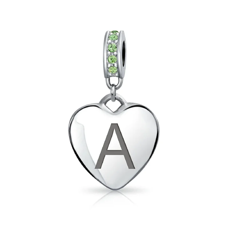 Custom Silver Bracelets for Couples-Initial Alphabet Bead Charm Light Green Crystal Heart Sterling Silver Bracelet