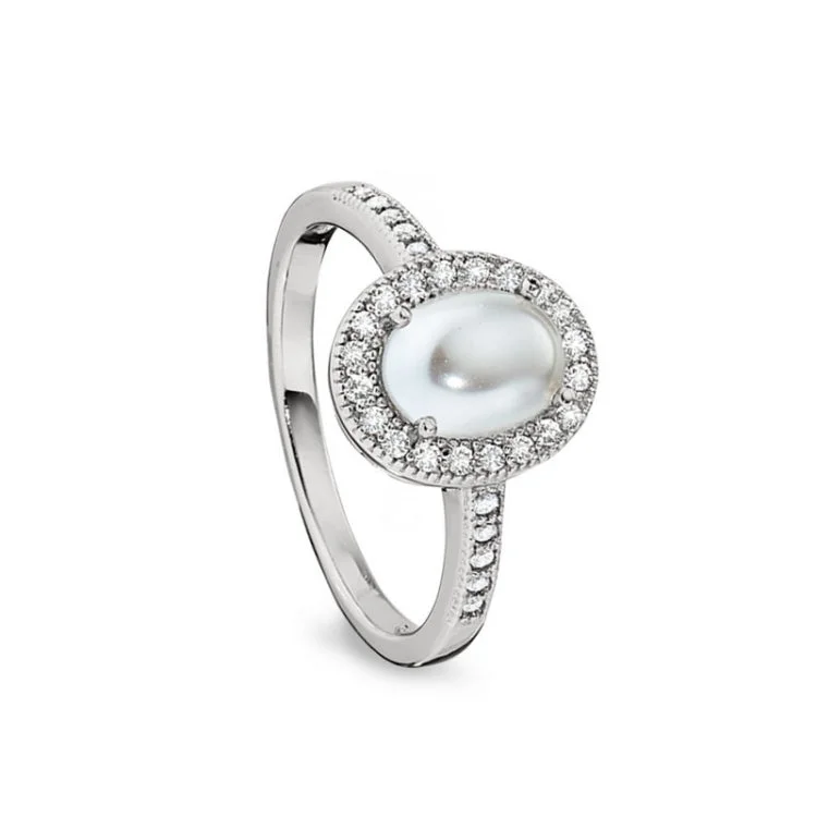 Fashionable Engagement Ring Designs-Platinum Finish Sterling Silver Micropave Cabochon Cut Pearl Ring with Simulated Diamonds