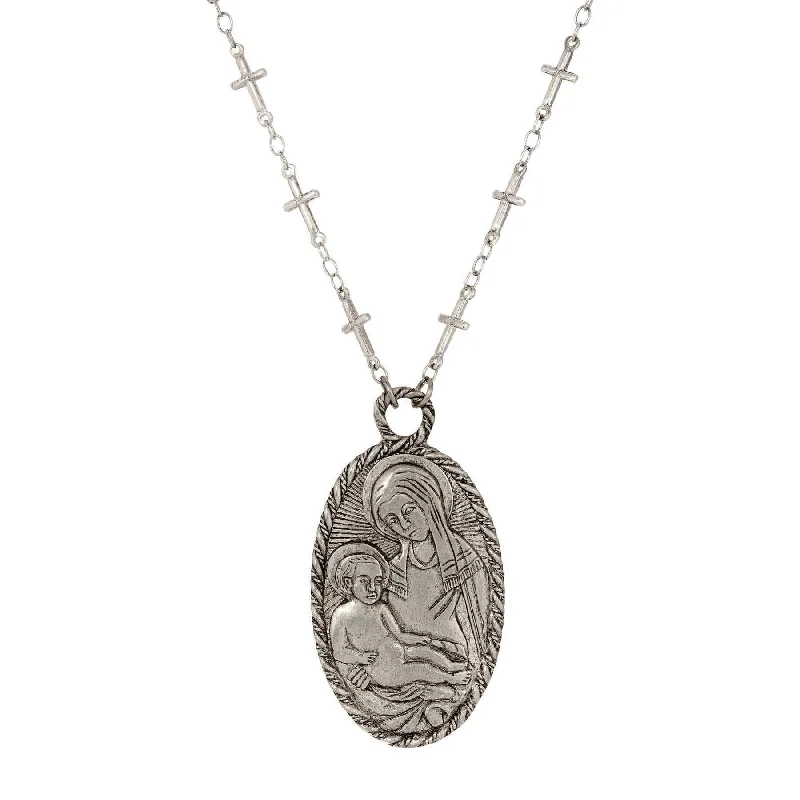 Statement Chain Necklaces-Symbols Of Faith Antiqued Madonna And Child Oval Pendant Cross Necklace 26"