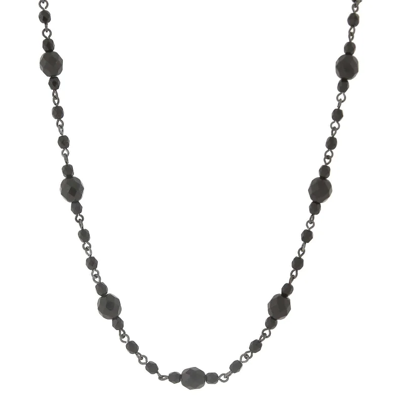 Natural Stone Necklaces-2028 Jet Black Fire Polished Glass Beaded Necklace 16" + 3" Extension