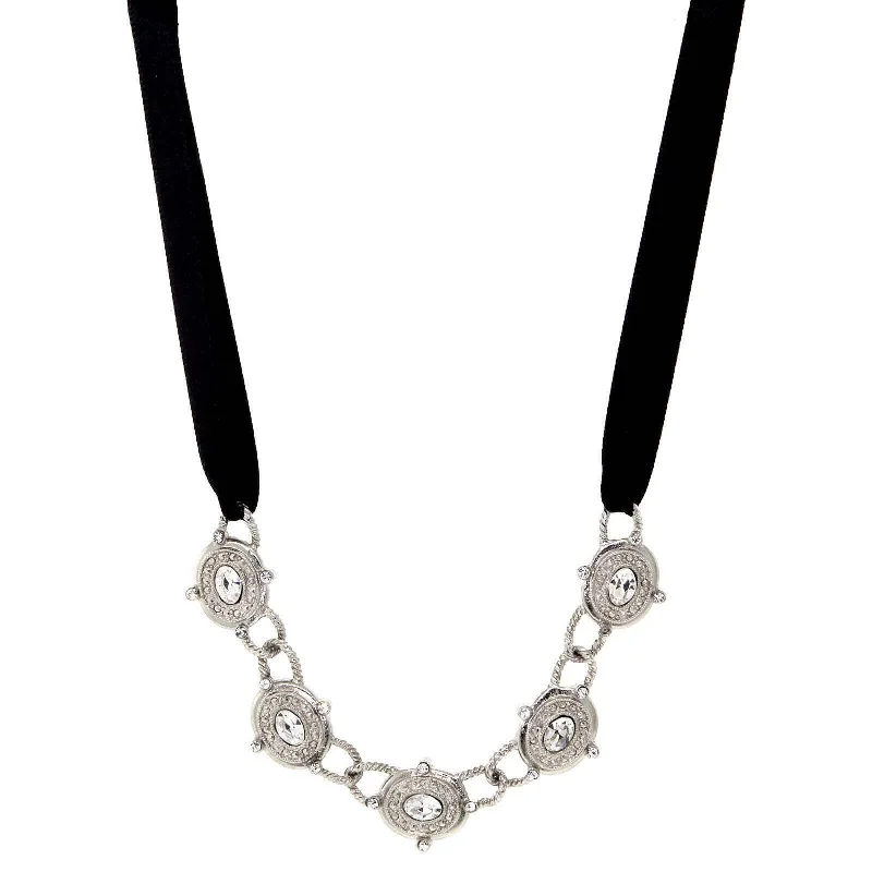 Boho Chic Necklaces-1928 Jewelry Black Ribbon Celestial Crystal Necklace 13" + 5" Extension Chain