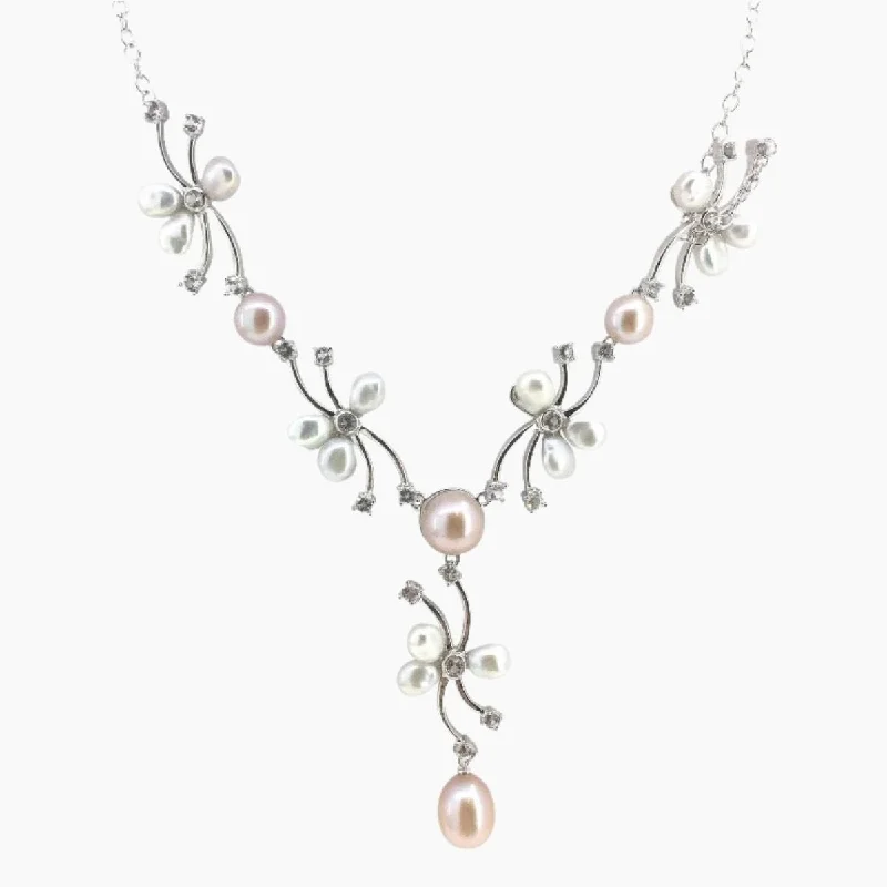 Pearl Necklaces-Freshwater Pearl & White Topaz Flower Necklace